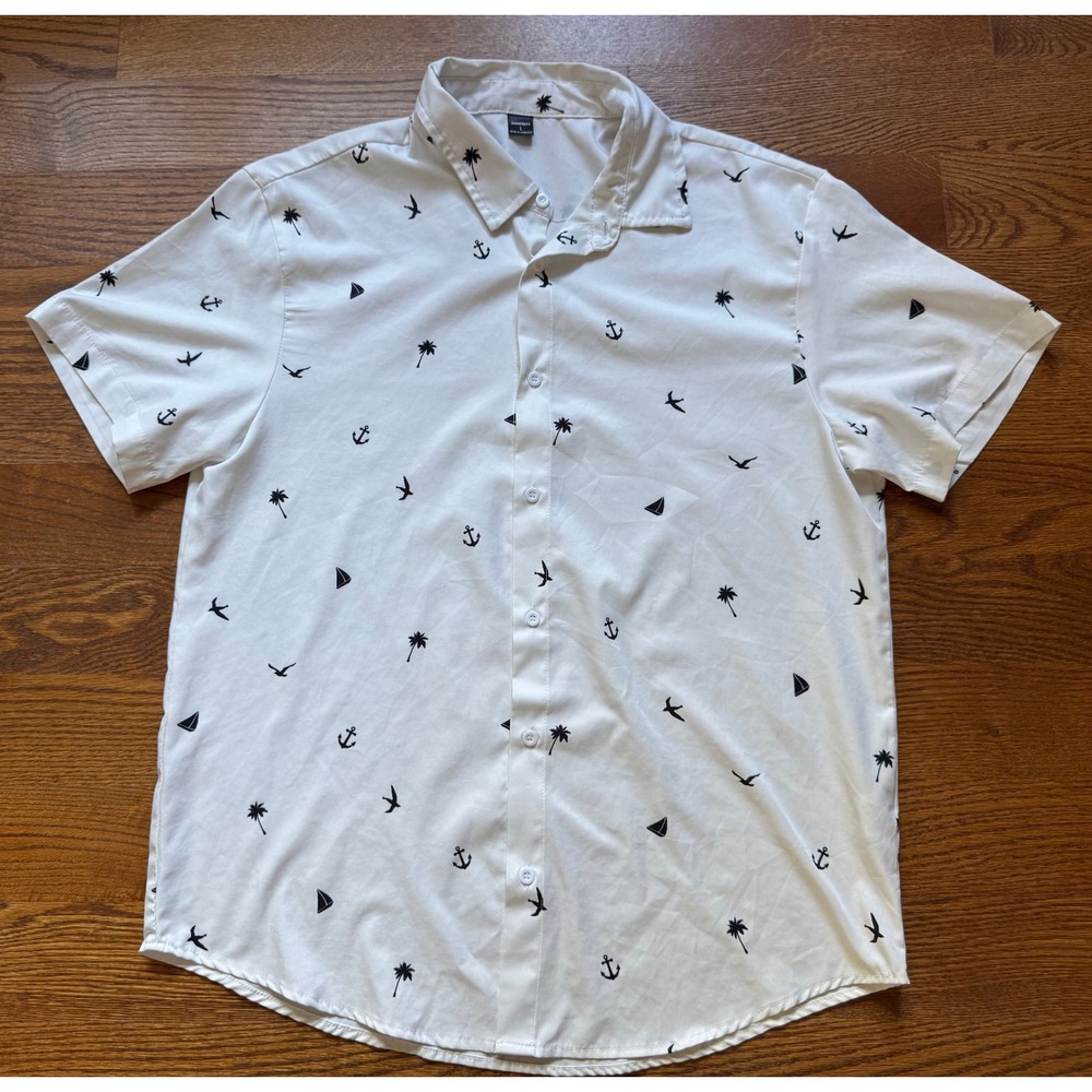 Manfinity Mens White Short Sleeve Nautical Tropical Print Button Down Shirt L